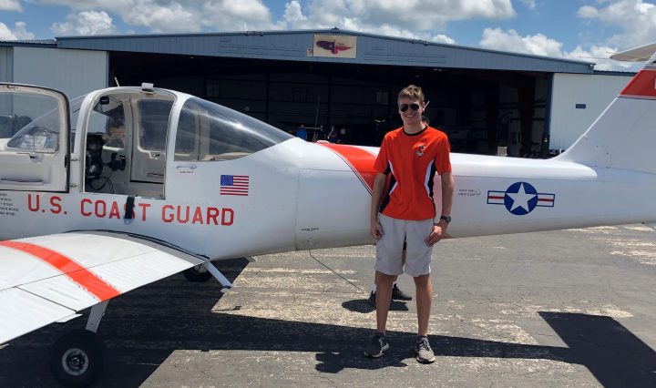 Picture of Jack Basil, a rising junior at TMI, celebrating his first solo flight, completed July 2 at New Braunfels Regional Airport.