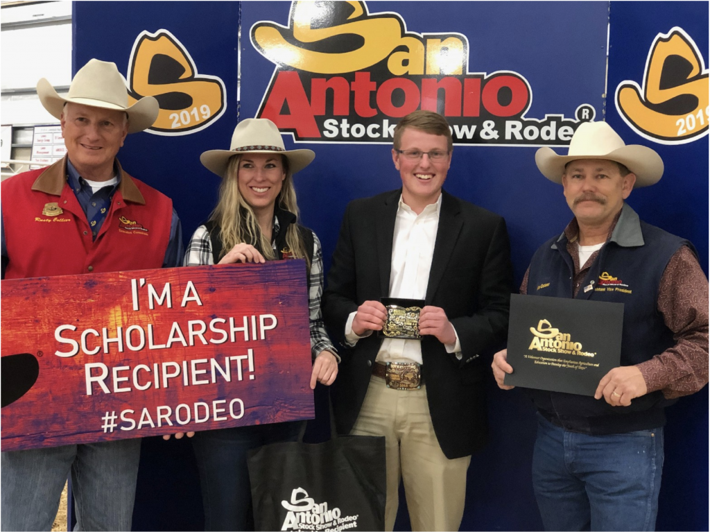 Photo of TMI Senior Trent Wisian and the San Antonio Livestock Show and Rodeo Horse Judging Committee members