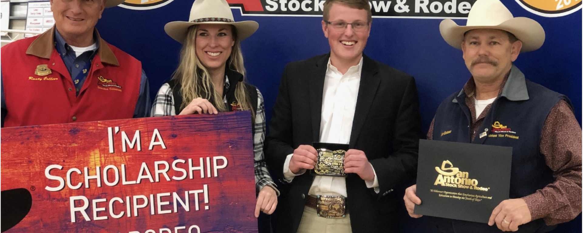 Photo of TMI Senior Trent Wisian and the San Antonio Livestock Show and Rodeo Horse Judging Committee members