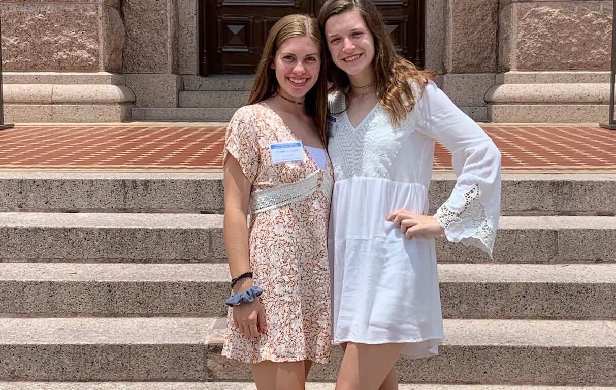Photo of Melody Umstead, left, and Mary Warder, seniors at TMI Episcopal, visit the Texas State Capitol on June 16 during Bluebonnet Girls State, sponsored by the American Legion Auxiliary and held at Texas Lutheran University.